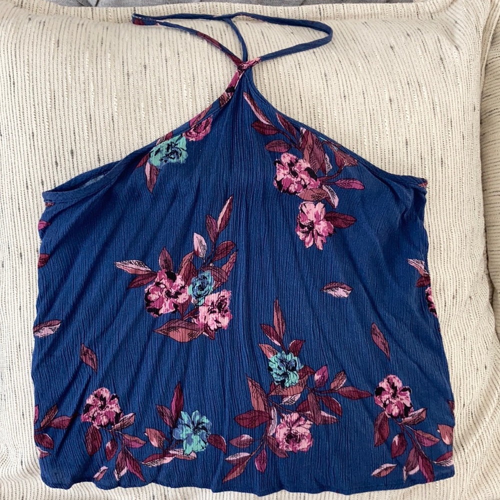Full Tilt Blue Floral Crop Top Halter, Small